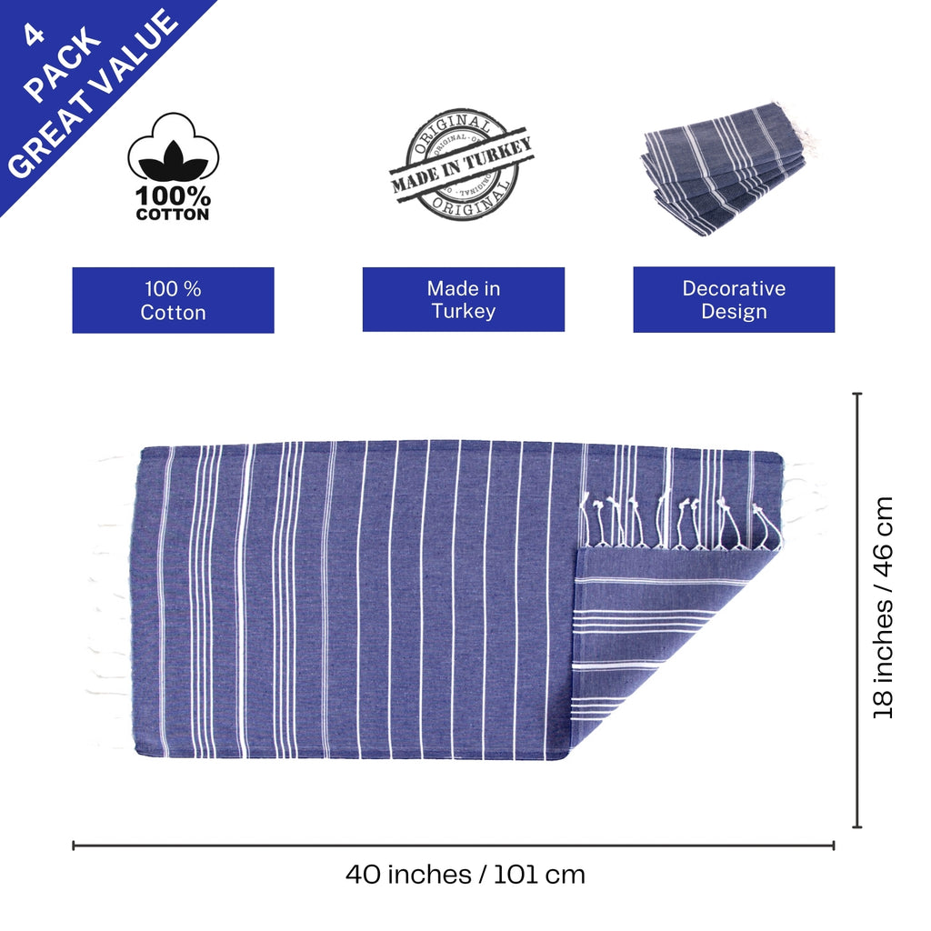 Turkish Home Hand Towel Set of 4, Navy, 100% Cotton 18 X 40 inches (Classic)